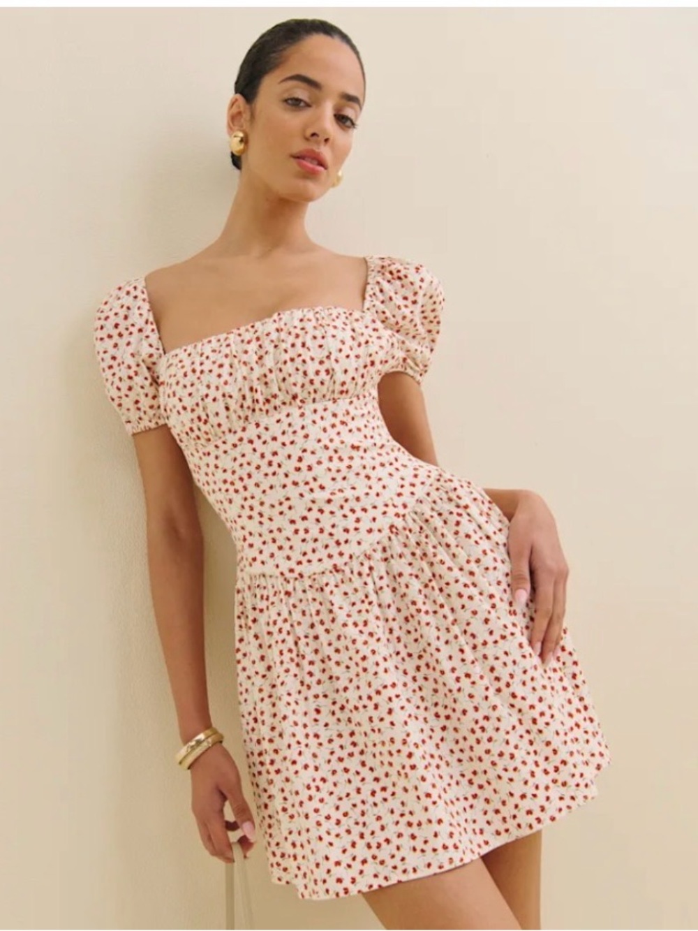 Reformation Marielle Cream Mini Dress with Red Floral Print